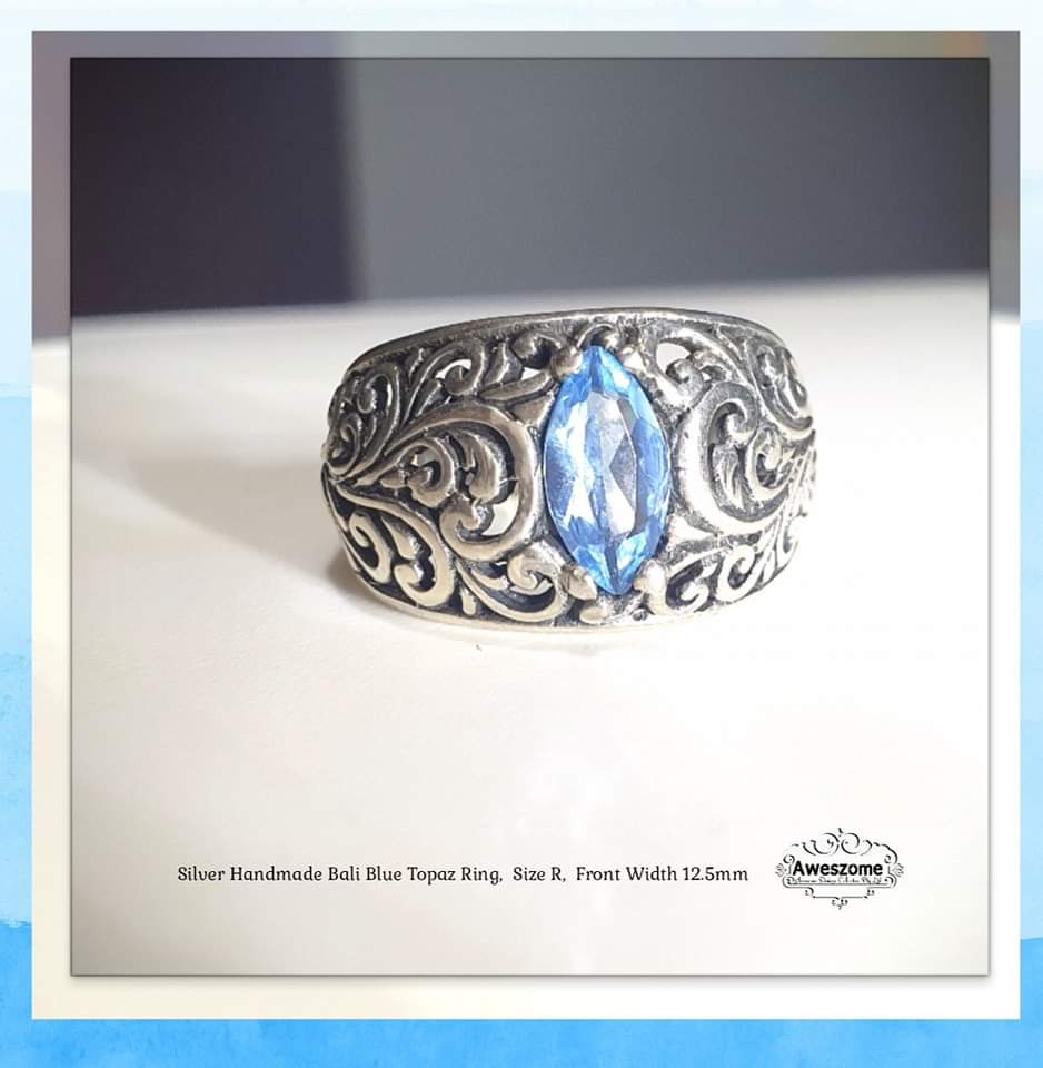 Silver Ring Handmade Bali Blue Topaz