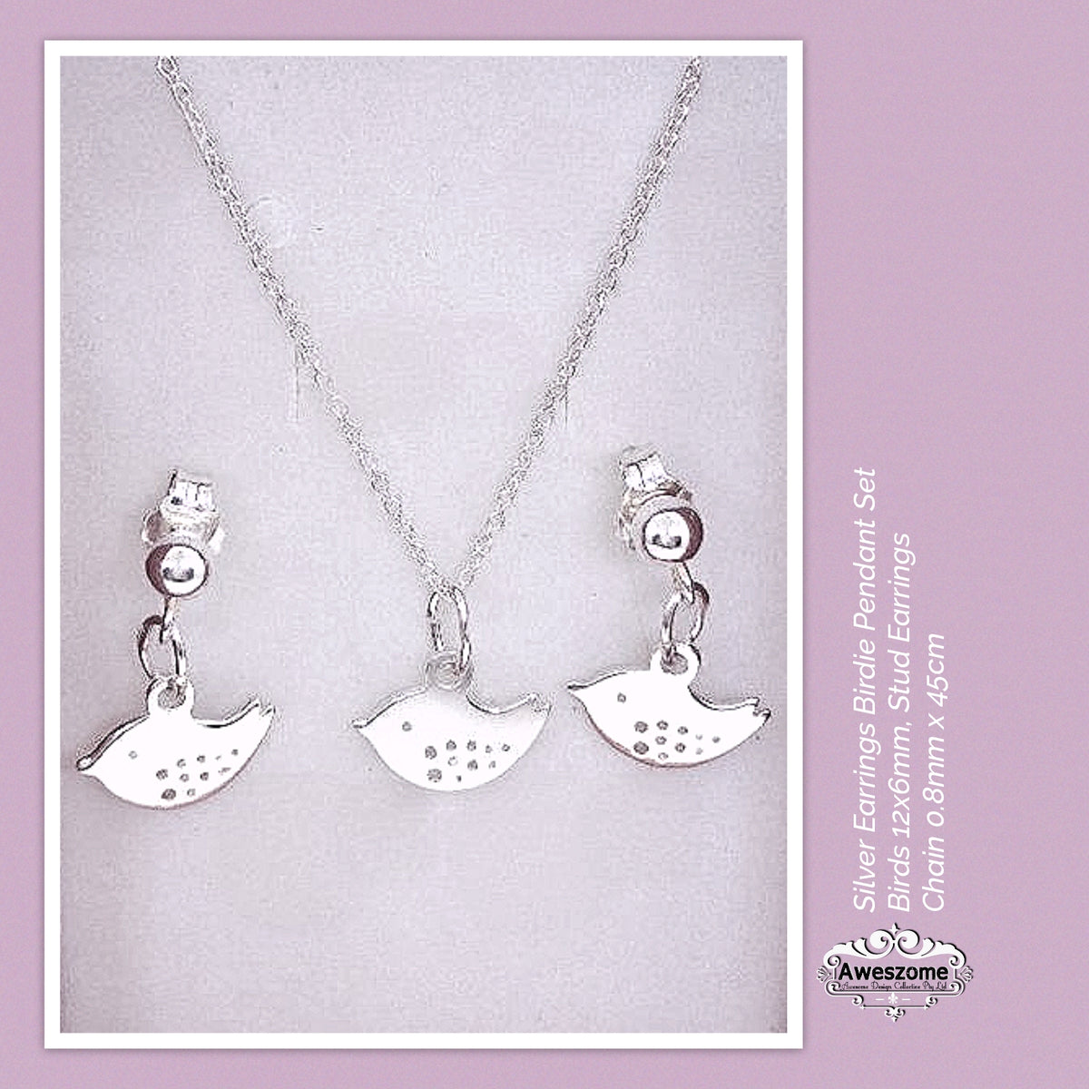 Silver Earrings Birdie Pendant Set