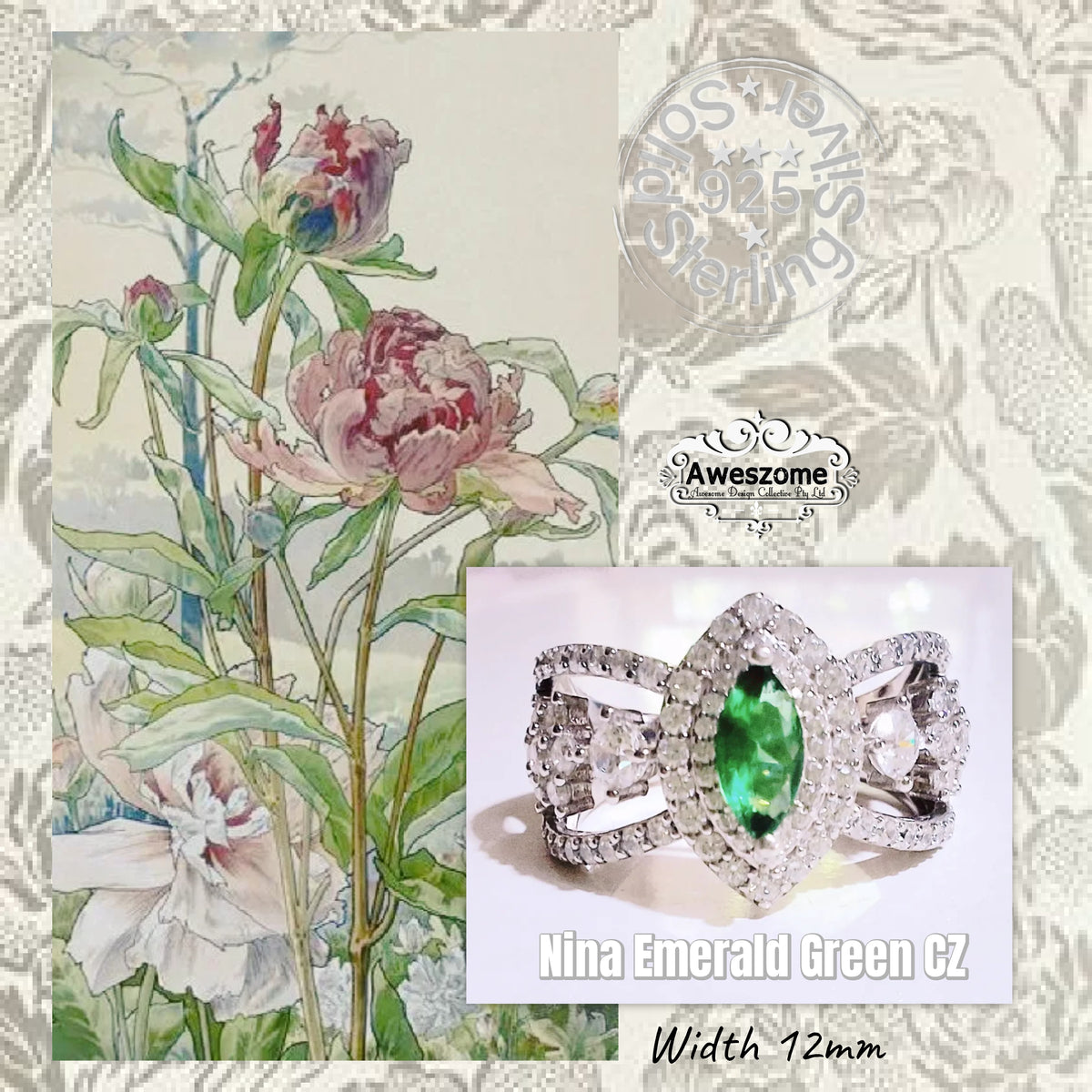 Silver Ring Nina Emerald Green CZ